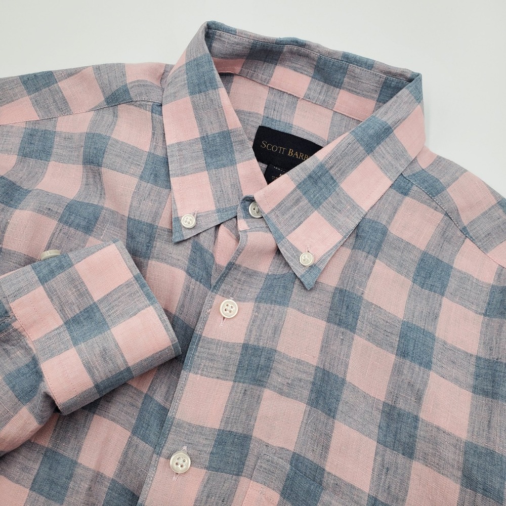 Scott Barber Mens Pink Blue Buffalo Check 100% Linen Button Down Shirt Size M